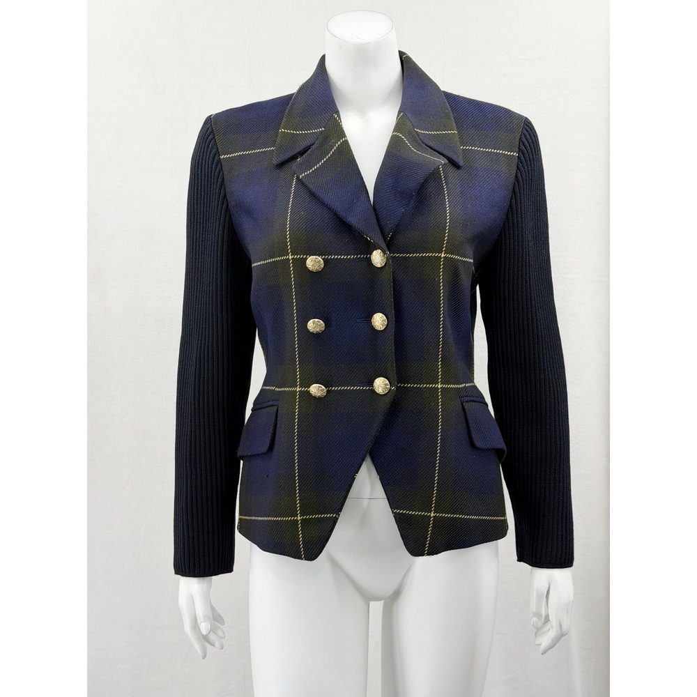Escada Blazer Womens 36 US 6 Navy Plaid Double Breasted Wool Vintage Old Money